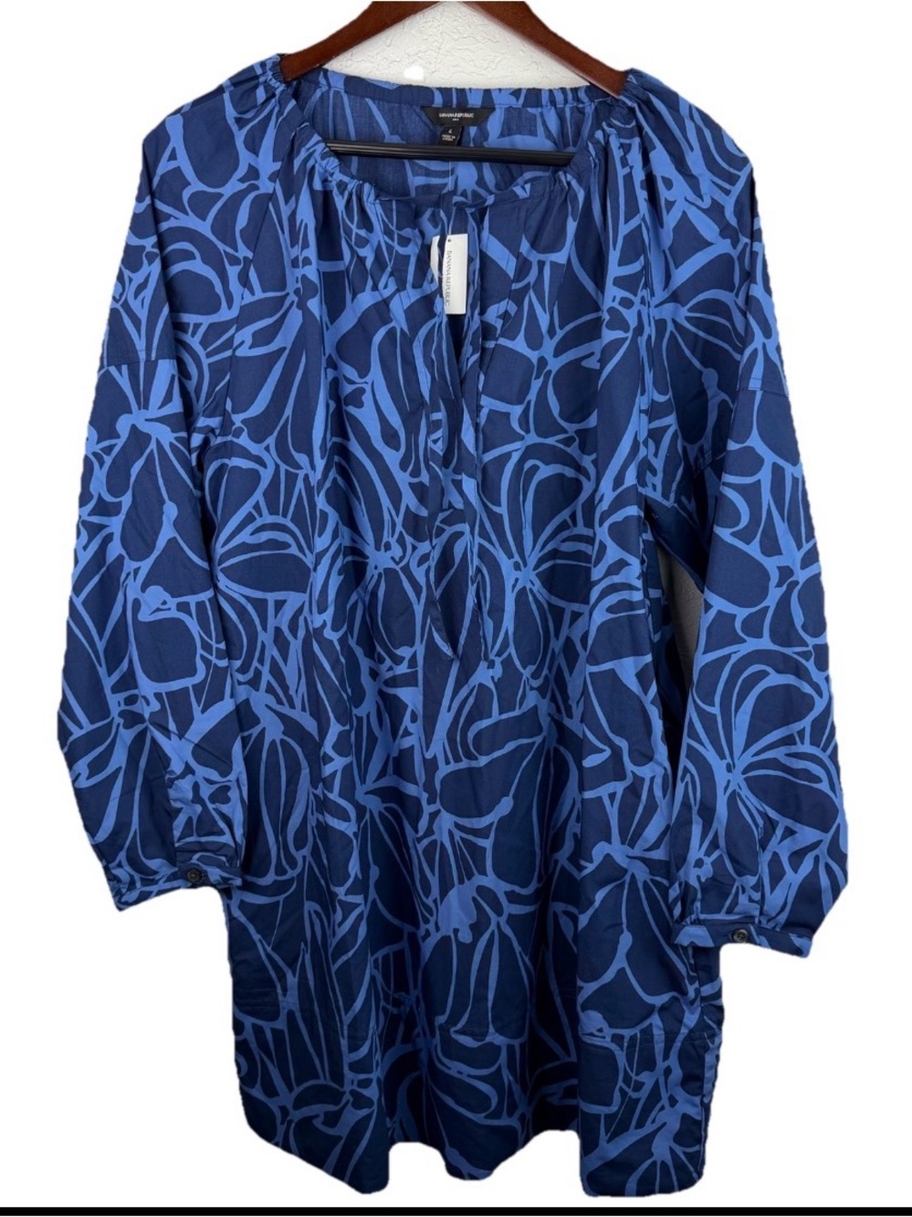 Banana Republic Factory | Blue Patterned Tie Neck Poplin Mini Dress New